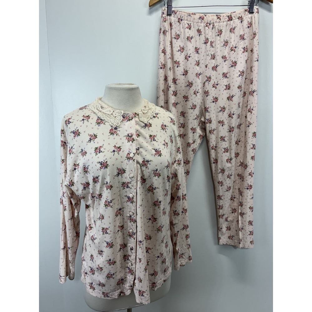 Vtg Victorias Secret Floral 2 Pc Pajama Set Large Lace Collar Cottage Shabby 90s